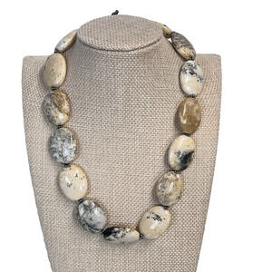 Vintage Sterling Silver Ivory Gray Jasper Beaded Abstract Art Necklace 16" (#25)